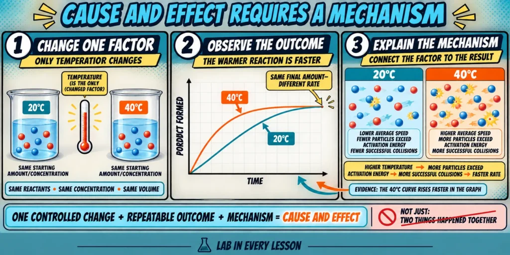 cause-effect-science-evidence | Lab In Every Lesson Students comparing a changed variable, scientific outcome, and possible causal mechanism