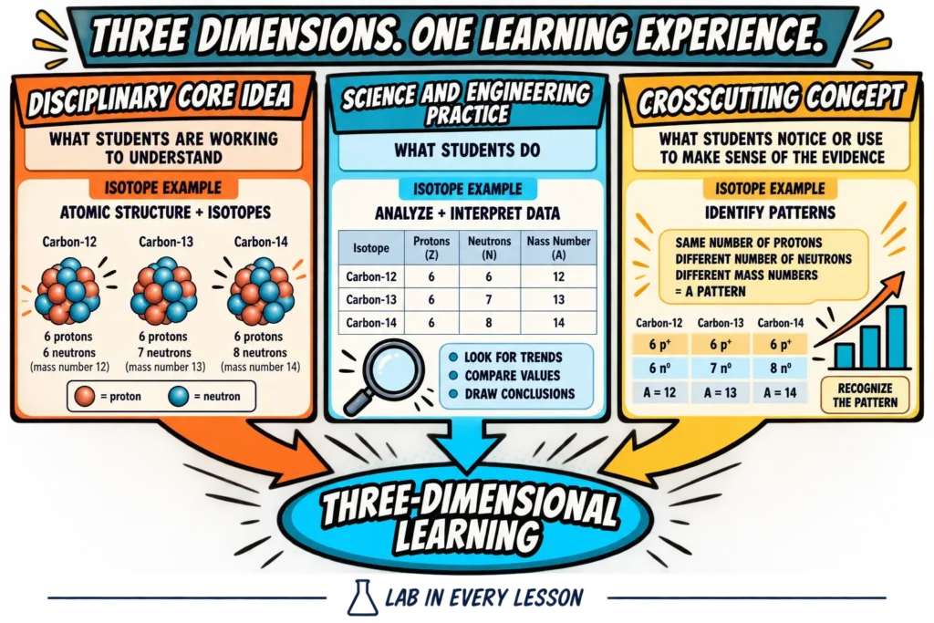 crosscutting-concepts-seps-dcis | Lab In Every Lesson Diagram comparing disciplinary core ideas, science and engineering practices, and crosscutting concepts