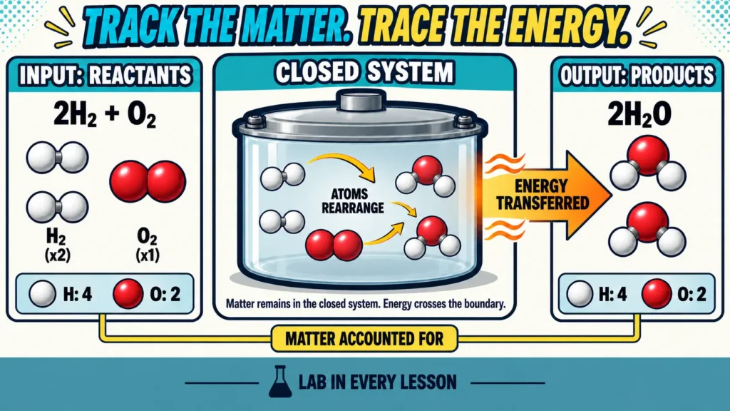 energy-matter-flow-conservation | Lab In Every Lesson Chemical reaction model tracing matter and energy through a defined system
