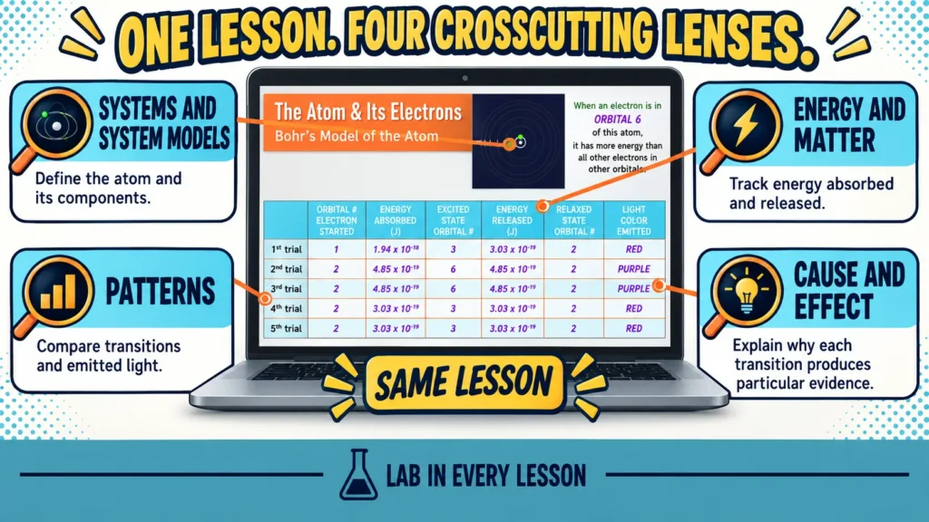 multiple-crosscutting-concepts-science-lesson | Lab In Every Lesson Atomic-model lesson incorporating systems, energy and matter, patterns, and cause and effect