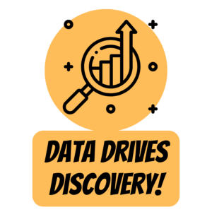 analyzing-and-interpreting-data-sep-badge | Lab In Every Lesson Magnifying glass over a rising bar chart inside an orange circle, symbolizing data-driven discovery with the text 'DATA DRIVES DISCOVERY!' below.