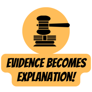 arguing-from-evidence-sep-badge | Lab In Every Lesson Orange badge-style graphic with a black gavel silhouette inside a circle and the slogan 'Evidence becomes Explanation!'