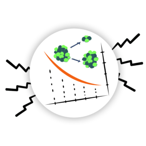 half-life-radioactive-decay-dci-badge | Lab In Every Lesson Abstract biology diagram: three green cell clusters with an orange downward-curving line on a coordinate plane showing decline over time.