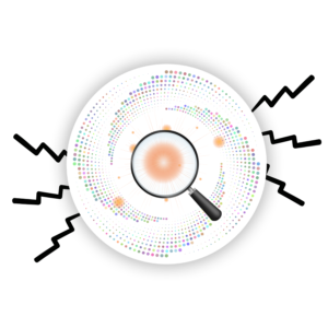 the-mole-quantity-dci-badge | Lab In Every Lesson Magnifying glass over a colorful circular data visualization, symbolizing data analysis and investigation.