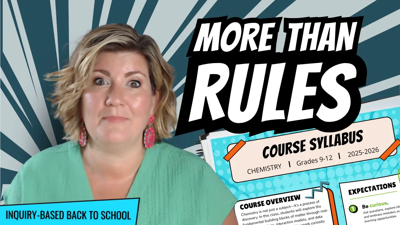 How-to-Create-an-Inquiry-Based-Science-Syllabus-featured-image Presenter on a comic-style YouTube thumbnail titled 'More Than Rules' with a course syllabus graphic