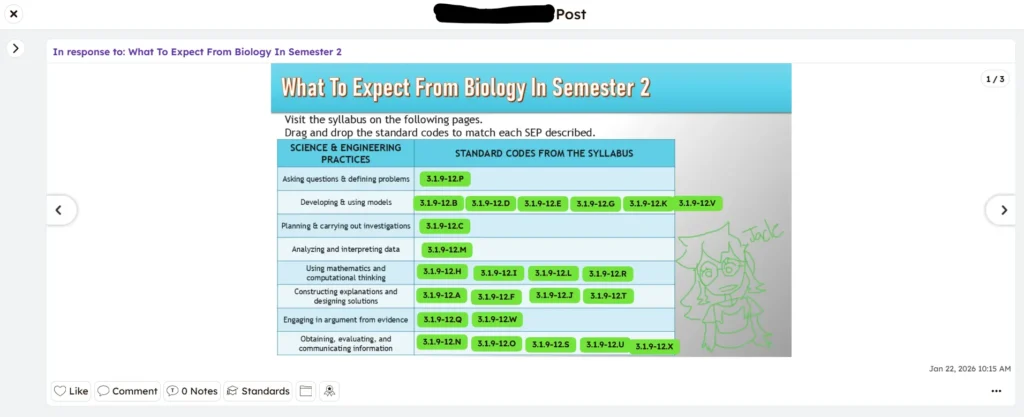 science-and-engineering-practices-student-work-example-w | Lab In Every Lesson Example of completed student work matching biology standards to the correct Science and Engineering Practices during an inquiry-based lesson.