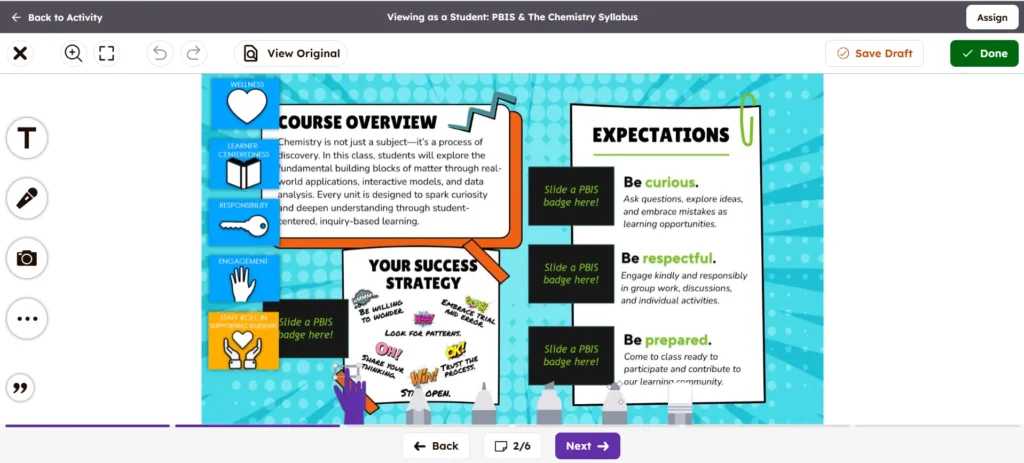 seesaw-inquiry-based-science-syllabus-activity | Lab In Every Lesson Course overview infographic for PBIS chemistry syllabus, with badges for wellbeing, responsibility, engagement and slide titled 'Expectations'.