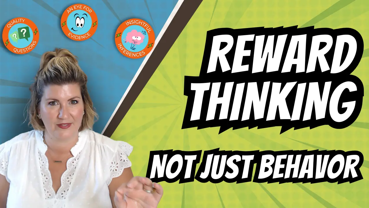Reinforce-Science-and-Engineering-Practices-Every-Day-with-pbis-rewards Thumbnail for a video about 'Reward Thinking' vs. behavior, showing a woman presenter on the left with bold black-and-white title on a lime background.
