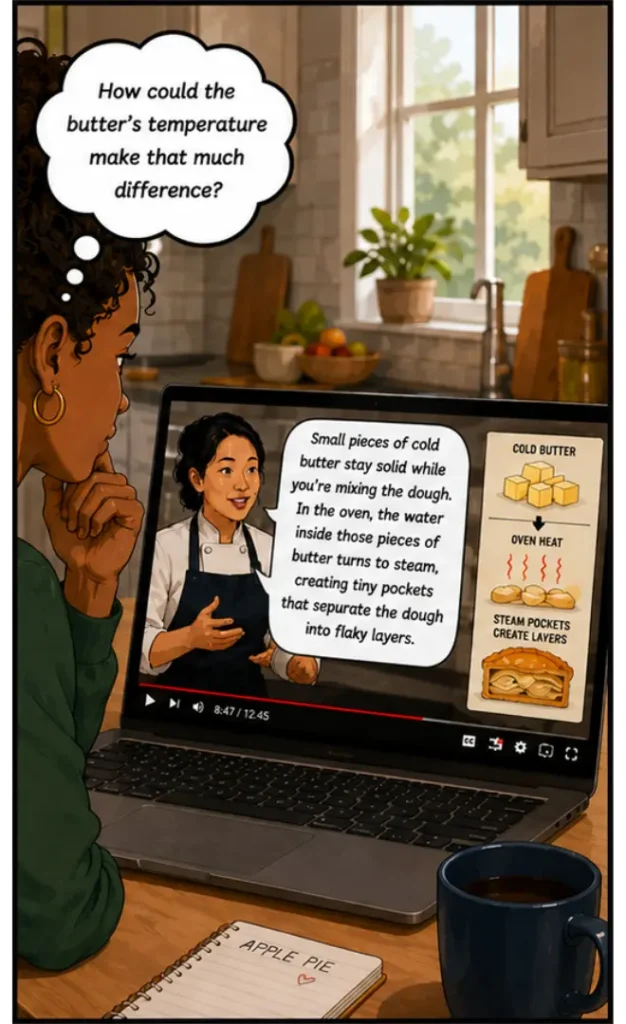 claim-evidence-reasoning-example-science-chef-conversation | Lab In Every Lesson Claim evidence reasoning example for science showing a chef explaining how cold butter creates flaky layers in pie crust