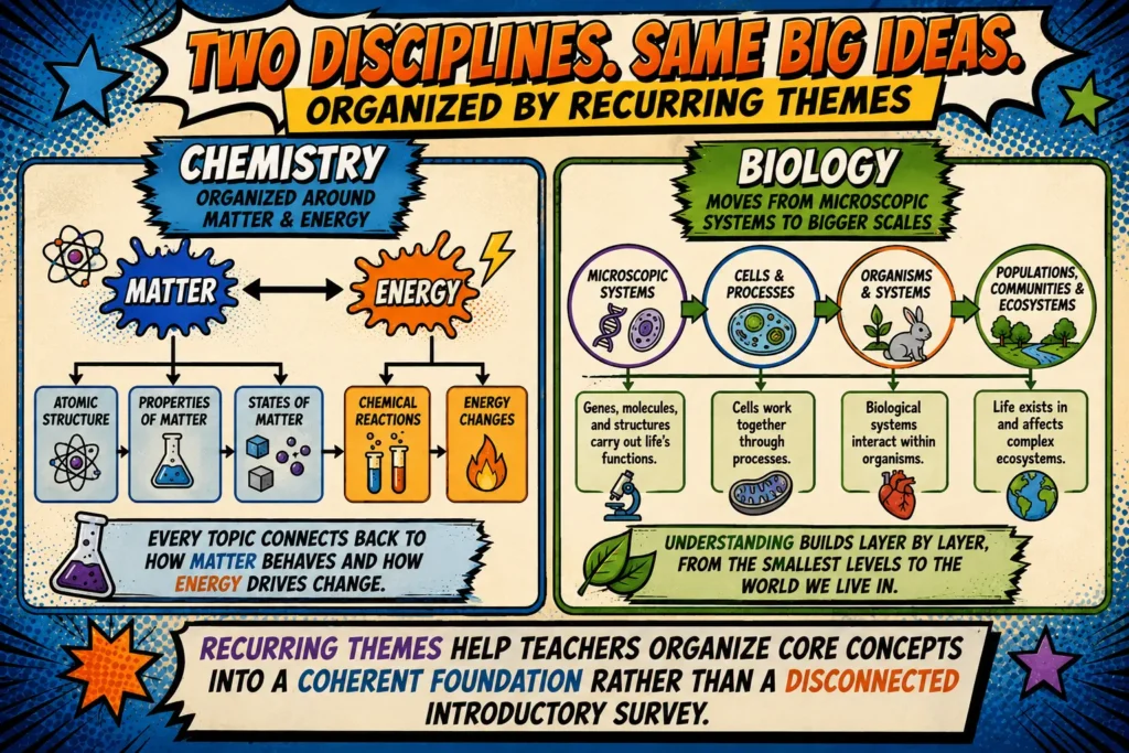 core-concepts-science-curriculum-chemistry-biology-brand | Lab In Every Lesson Core concepts organize science curriculum around recurring themes, with chemistry connecting matter and energy and biology building from microscopic systems to organisms and ecosystems.
