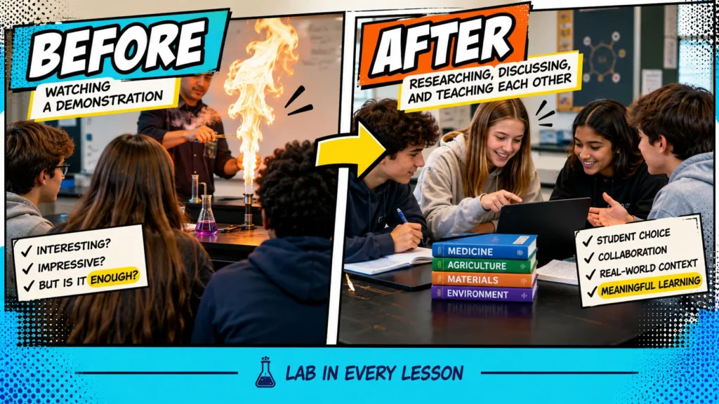introducing-chemistry-inquiry-before-after | Lab In Every Lesson Students watching a chemistry demonstration beside students collaborating on an inquiry task