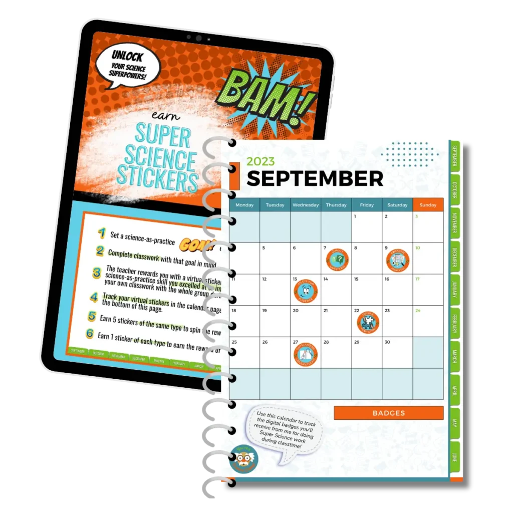 science-and-engineering-practices-badge-collection | Lab In Every Lesson Science notebook page with Science and Engineering Practices badges showing how students can track inquiry skills and growth throughout the school year.