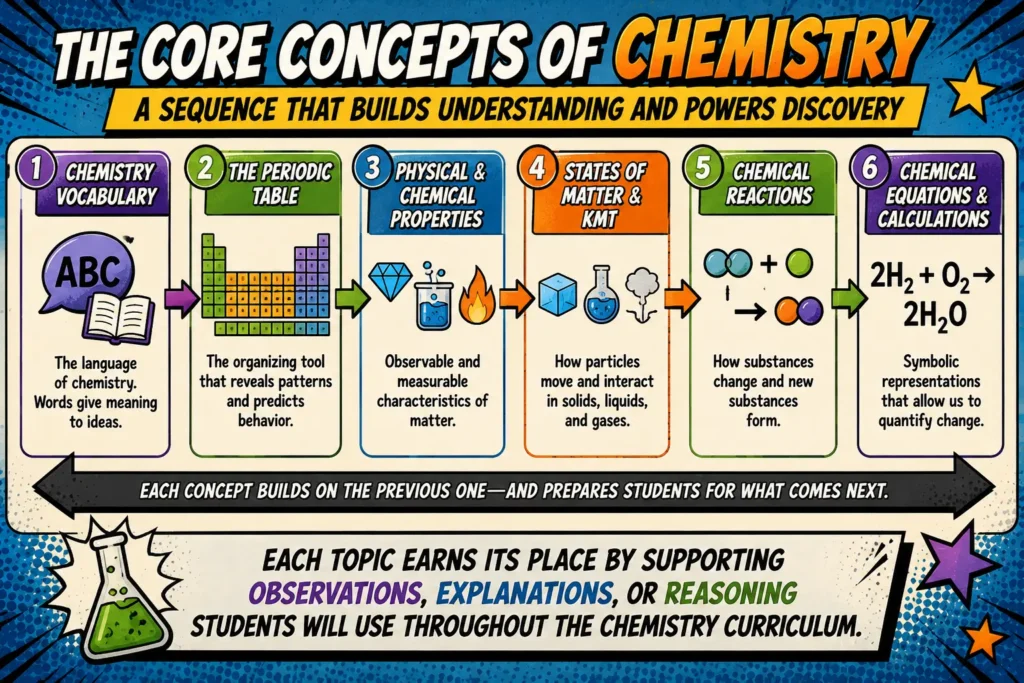 science-curriculum-planning-template-brand | Lab In Every Lesson Core concepts of a chemistry curriculum progress from vocabulary and the periodic table through properties, states of matter, chemical reactions, equations, and calculations.