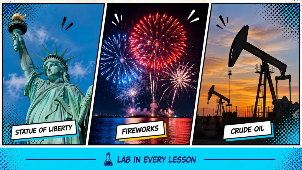 real-world-chemistry-examples | Lab In Every Lesson The Statue of Liberty, fireworks, and crude oil as real-world chemistry examples
