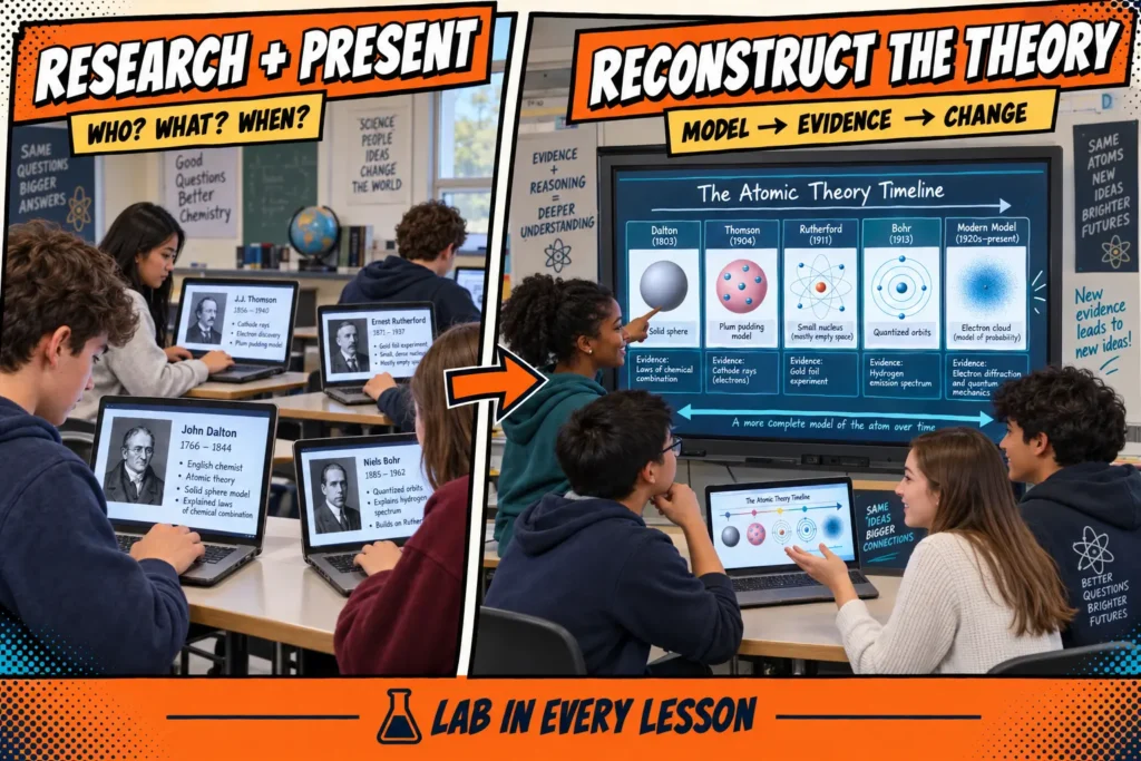 atomic-theory-timeline-project-research-vs-reasoning | Lab In Every Lesson Split image comparing students researching atomic theory scientists with students using models and evidence to construct a shared atomic theory timeline.