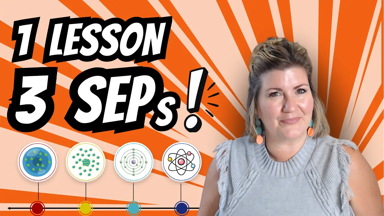 Atomic theory timeline project thumbnail showing a teacher, atomic models, and the text “1 Lesson, 3 SEPs!”