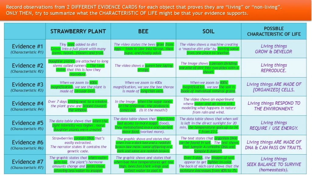 characteristics-of-life-evidence-patterns-student-organizer | Lab In Every Lesson Completed Characteristics of Life organizer comparing strawberry plant, bee, and soil evidence to identify patterns and infer the seven characteristics of living things.