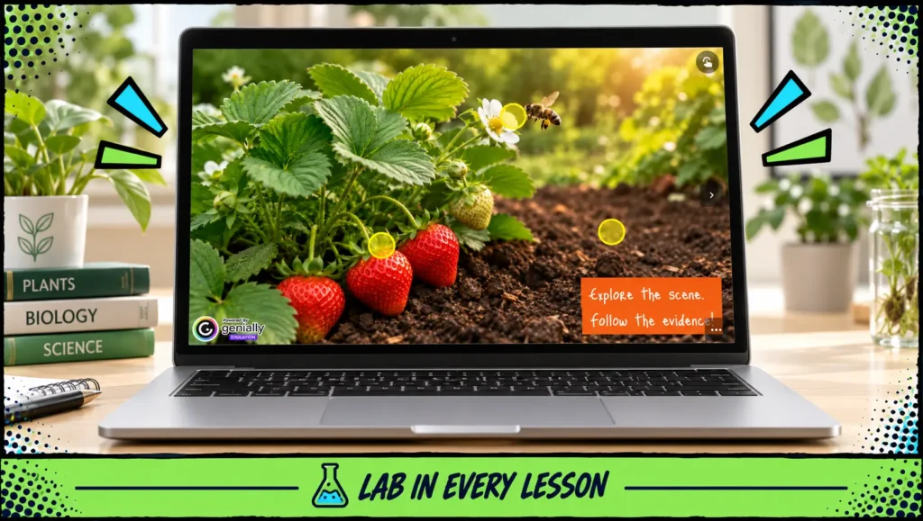 characteristics-of-life-interactive-inquiry-investigation | Lab In Every Lesson Interactive Characteristics of Life investigation showing a strawberry plant, honeybee, and soil for students to explore and collect evidence.