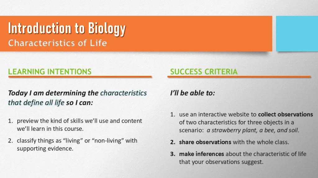 characteristics-of-life-lesson-learning-intentions-success-criteria | Lab In Every Lesson Characteristics of Life lesson slide showing learning intentions and success criteria for collecting evidence, sharing observations, and making inferences.