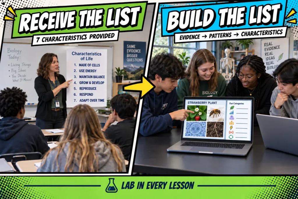 characteristics-of-life-list-vs-inquiry-lesson | Lab In Every Lesson Teacher-provided characteristics of life list contrasted with students using digital evidence and patterns to build the list themselves.