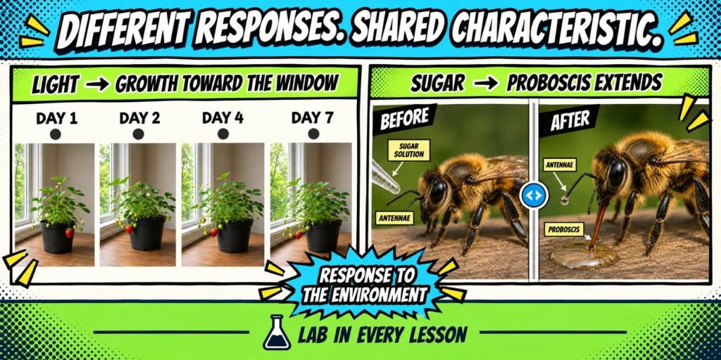 characteristics-of-life-response-to-environment-examples | Lab In Every Lesson Strawberry plant growing toward light and a bee extending its proboscis in response to sugar as examples of living things responding to the environment.