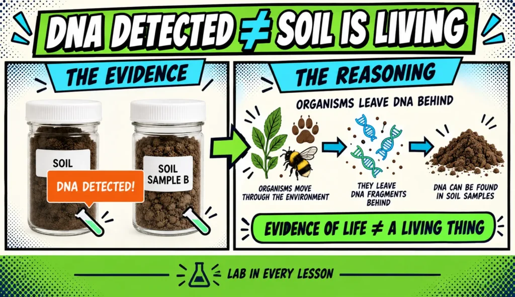 characteristics-of-life-soil-dna-evidence-reasoning | Lab In Every Lesson Soil DNA evidence showing that DNA from organisms can be detected in soil without making the soil itself a living thing.