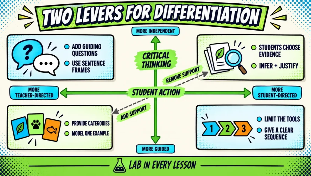inquiry-based-science-differentiation-student-action-critical-thinking | Lab In Every Lesson Two-axis differentiation graphic showing how teachers can adjust student action and critical-thinking support to make an inquiry-based science lesson more or less guided.