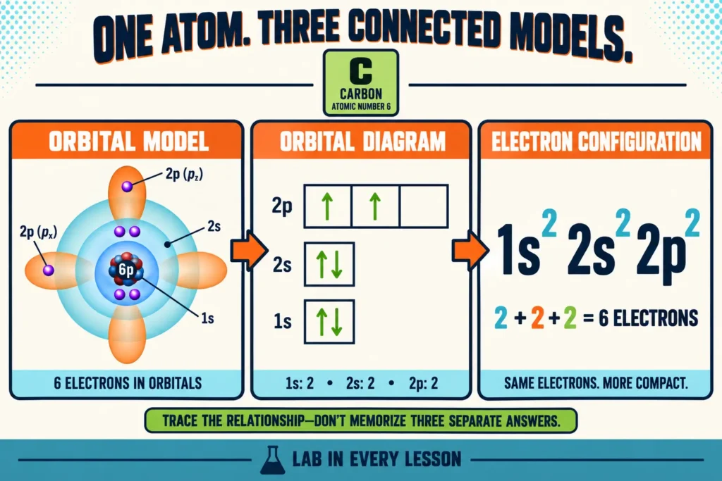 electron-configuration-three-connected-models | Lab In Every Lesson Orbital model orbital diagram and electron configuration for the same atom